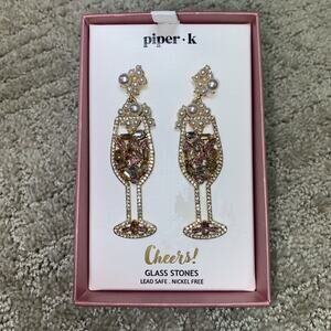 Piper K Champagne Glass Rhinestone Glass Stones Faux Pearl Dangle Earrings